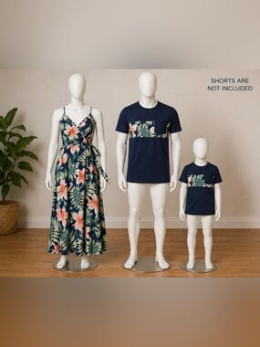 FAMILY SET PatPat Navy Floral Wrap Dress with Coral Accents Woman S, 2T, Men XL
